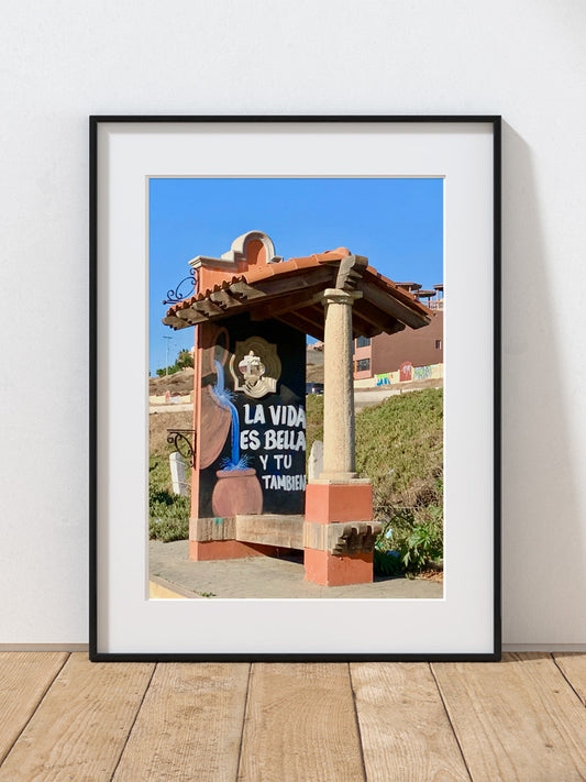 A photograph of a bus stop in Mexico