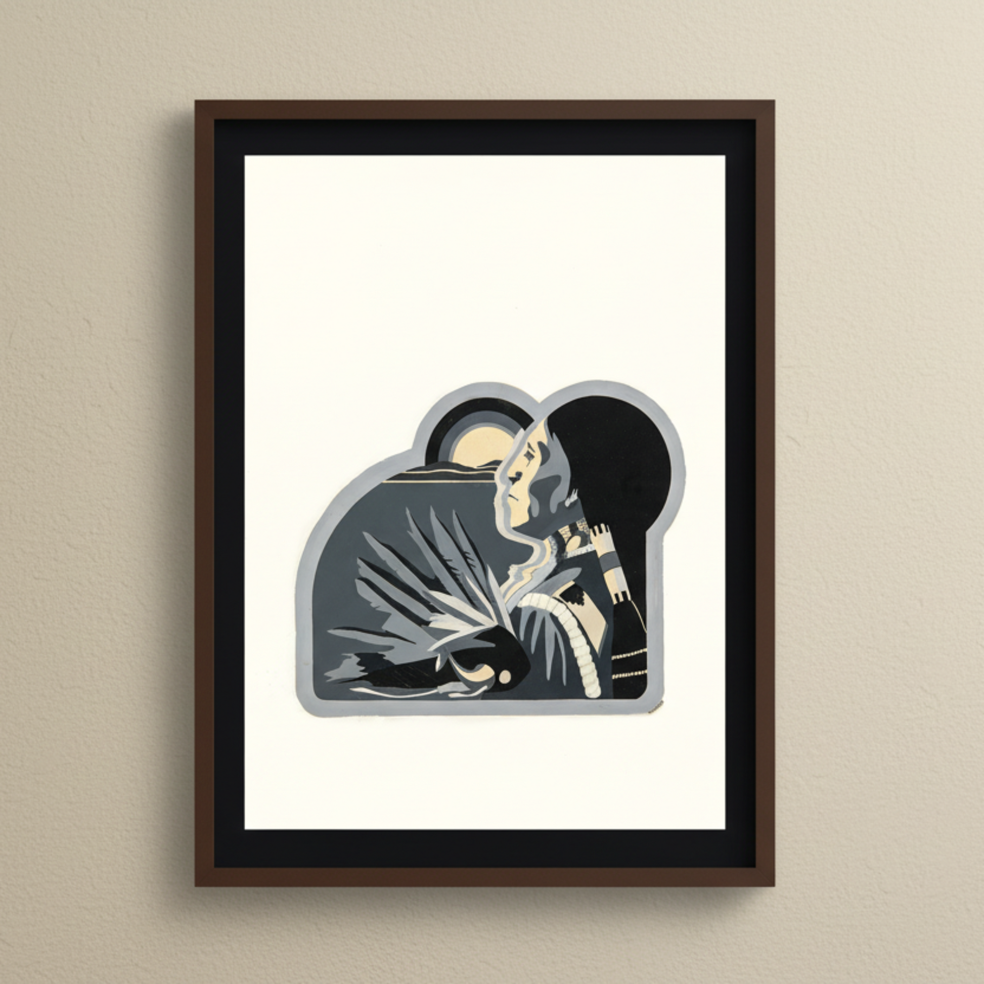 Framed artwork of a Native American Chief on a beige wall