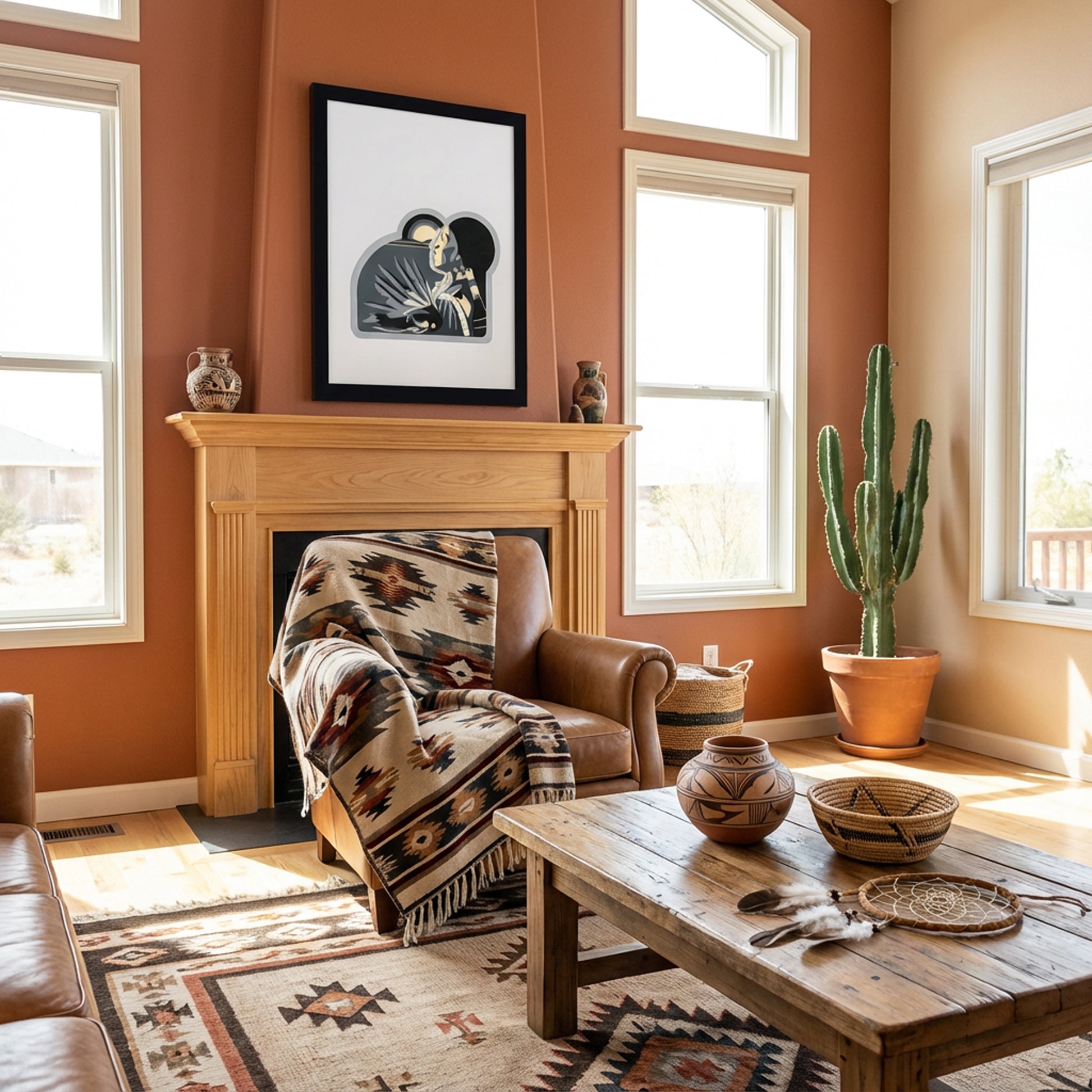 Artwork shown in living room with wooden coffee table, armchair, and fireplace.