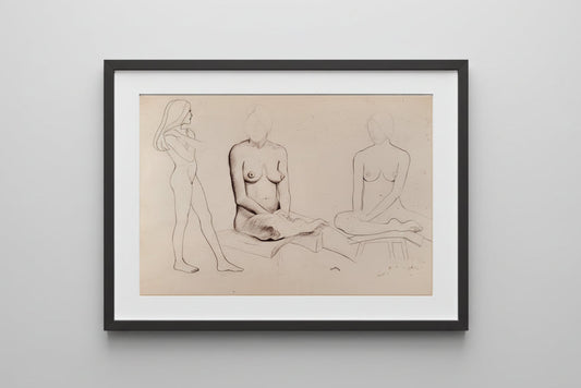 Original artwork of nude figures on a wooden paneled wall